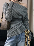 Fongt Striped Side-Slanted Shoulder-Slanted Shoulder-Clothed Woman With Thin Waists And Gentle Gentle And Comfortable T-Shirts For Spring And Autumn New Long Sleeves