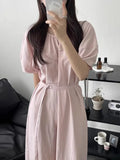 Fongt Chic Summer Retro Small Fresh Round Collar Tie Waist Show Thin Pleated Bubble Sleeve Dress Long Skirt Woman-Outfit