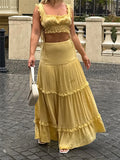 Retro Women Summer 2pcs Outfits Lace Trim Sleeveless Square Neck Tank Crop Tops with Long Skirts Sets Party Beachwear-Outfit