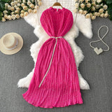 Fongt Temperament Heavy Industry Pearl Wood Ear Round Collar Dress Women's Summer New Waist Thin 100 Folded Long Skirt