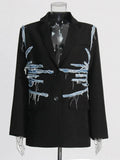 Fongt Hipster Fall 2024 New Suit Collar Irregular Jeans Splicing Tassel Suit Jacket Female-Outfit