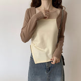 And Winter Color Positive Shoulder Fake Two Square Collar Blouses Women's Spring And Autumn Splicing Irregular Design Feeling Bottom Short