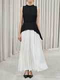 Fongt Dress Women's 2025 Spring Temperament Elegant Splicing Pressure Folding Long Dress Atmosphere Black And White