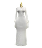 Fongt Fashion Temperament Plain Knitted Pit Long Sleeve Feathers Collar Long Dress Female Elegance