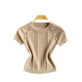 Fongt Girls Knit Round Collar T-Shirt Girls Summer Thin Short Thin Design Feeling Fried Street Pure Desire Top