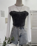 Fashion Fake Two Denim Splicing Mesh Long Sleeve Top Short Open Umbilion T-Shirt