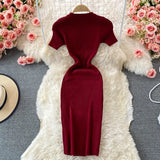 Fongt Version Of The Solid Color Collar Buckle Body Short Sleeve Elastic Knitted Forked And Left-Sleeved Dress 0022