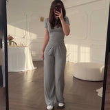 Fongt Summer New Women's Round Neck Solid Color Wide Leg Pants Commuting Leisure Suit Women