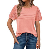 Fongt Summer New Women's Casual Loose Round-Neck Lady T-Shirt Solid Color Lace Splicing