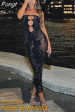 Strapless Backless Cut Out Midi Dress Women Sleeveless Glitter Slim Fit Robe 2023 Spring Fall Harajuku Fairy Grunge