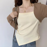 And Winter Color Positive Shoulder Fake Two Square Collar Blouses Women's Spring And Autumn Splicing Irregular Design Feeling Bottom Short