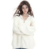 Fongt Autumn White Double Zipper Hooded Stingy Sweater Cardigan Soft Mashed Sweet Hot Girl Blouse