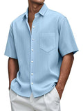 Fongt New Men's Solid Color Loose Comfortable Buffly Striped Short-Sleeved Button Lining