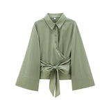 Fongt Women's Clothing Explosion Fashion Casual Collar Gold Buckle Dress Silk Shirt