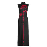 Fongt Temperament A Rose Print Bumpy Color Sexy Dew Height Collar Sleeveless High Open Skirt Dress Long