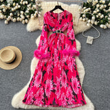 Fongt Elegant Dress Women 2025 New Light Style Waist Hair Sleeve Splicing Print 100-Folded Long Dress