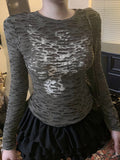 Fongt Retro Personality Hole-Breaking T-Shirt Girl 2025 Autumn Ins Print Collar Long-Sleeved Top