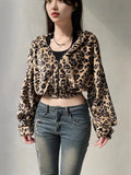 Fongt Spice Girl Wind 2025 New Leopard Long Sleeve Short-Sleeved Short-Sleeveed Women's Tide Blouse