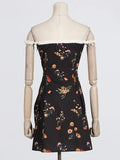 Fongt 2025 New Fresh Sweet Wind Black Broken Floral Dress A Word Shoulder Repair Color Printing