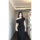 Fongt Pure Desire Short Sleeves Slanted Shoulder Fork Dress Temperament Slimmed Fashion Temperament Shoulder Long Skirt
