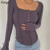 Women Spring Summer Casual Slim Sexy Top Female Square Collar Long Sleeve Skinny Tee Ladies T-Shirt