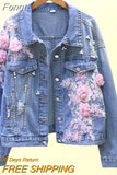 New Embroidery Denim Short Jacket Women Spring Autumn Applique Diamond Holes Coat Loose Tops Student Jean Outerwear