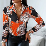 Women Turn Down Collar Print Blouse Casual Female Long Sleeve Slim Top Shirts Autumn Pullover Office Lady Blouse