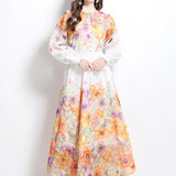 Fongt Lady Print Set Of Women's Holiday Style Collar Lantern Sleeves Thin Shirt High Waist Large Swing Long Skirt