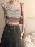 Vintage Halo Dyeing Vest for Women Y2k E-Girl Mesh Irregular Camisole Tops 2024 Summer New Off Shoulder Tank Top-Outfit