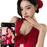 Fongt Red Three-Dimensional Rose Slings Pure Hottie Sexy Vest Irregularly Boiling Flowers Knitted