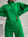 Women Knitted Suit Warm Solid Split Pullovers and Wide Pants Two-piece Suit Female Half Turtleneck Oversize Tracksuit-Outfit