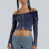 Fongt And Winter 2023 New Gradient Vintage Zipper One-Word Shoulder Lapel Sweater Female 2352-Outfit