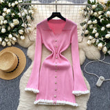 Fongt Luxury Famous Knitted Dress Woman Autumn Wooden Ear Over The Collar To Slim Beautiful Sister Mid-Long Dress