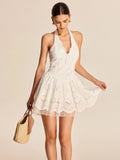 Fongt New Women's White Lace Dress French Sleeveless Hanging Neck V-Neck Dress