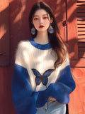 Fongt Early Autumn New Sweater Small Korean Languid Wind Hit Klein Blue Butterfly Print Knitting Top
