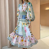 Fongt New Women's Temperament Commuting Print Painted Long-Sleeved Fashion Dress