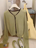Gentle Little Gold Bean Buckle Hit Color V-Collar Knitted Cardigan Women's Spring Leisure Outfit Shows Thin Korean Style Coat-Outfit