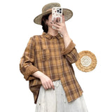 Fongt Spring And Autumn New Art Retro Long-Sleeved Shirt Women Loose Leisure Shirt Shirt Double Cotton Yarn Plaid