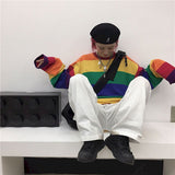 Women's Rainbow Striped T-shirt Long-sleeved Spring Autumn New Style Korean Student Loose Fashion Top Oversize Kawaii