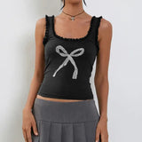 Girls Sexy Lace U-Collar Bow Printed Shoulder Strap Vest 2024 Tight And Thin Inner Halter Top-Outfit