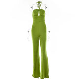 Bodycon Backless Sexy Strapless Women Jumpsuits Green Halter Hollow Out Slim Jumpsuits Summer Skinny Fashion