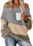 Fongt And Winter Women's One Word Collar Loose Splicing Color Knit Jumper Sweater