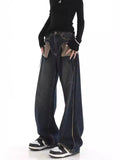 Fongt New Niche Design Contrast Jeans Women's High Street Blue Fur Mop Wide Leg Pants-Outfit