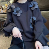 Autumn Beading Ruffles Spliced Sweatshirts Female Clothing Chic Floral Three-dimensional Decoration O-Neck Midi Pullovers-Outfit