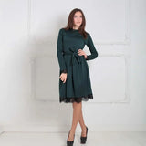 Vintage Lace Patchwork Sashes A-line Dress Long Sleeve O neck Solid Elegant Casual Party Dress 2021 Autumn Fashion