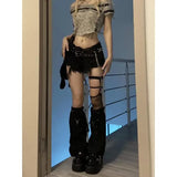 American Black Jeans for Women Y2k E-Girl Low-waisted Hole Denim Pants 2024 Summer New Straight Wide Leg Shorts-Outfit