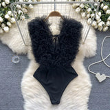 Fongt Three-Dimensional Flower Splicing Jumpsuit Female Stage Performance Dancing Clothes Pure Desire Hot Girl Bottom Top-Outfit