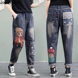 Korean Fashion Women Jeans 2022 New Bottoms Loose Casual Trousers Embroidery Cartoom Harem Pants Pantalones De