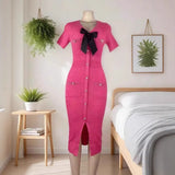 Fongt Small Fragrant Temperament V-Neck Bow Bow With Beads Button Opening Knitted Dress