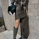 Leather Skirt PU Solid Asymmetric High Waist Wild Design Zipper Slim Casual Style 2023 Autumn Korean